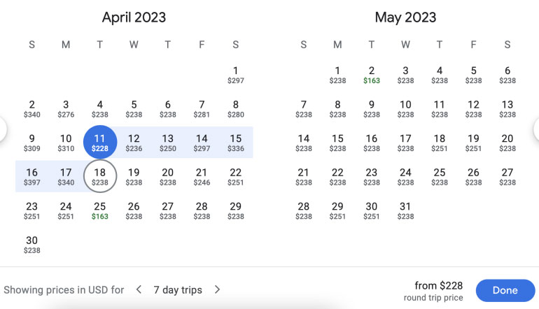 Google Flights Look up the fare calendar