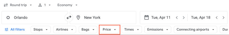 Google Flights Price filter