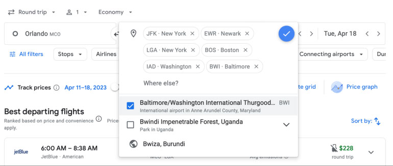 Google Flights Search for multiple airports
